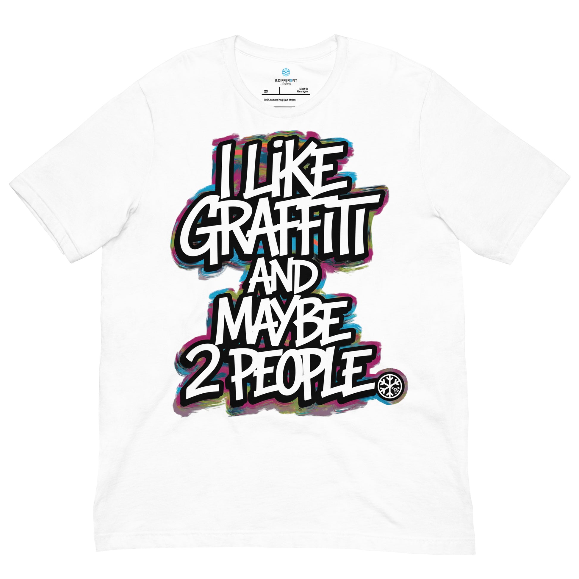 White-I Like Graffiti and Maybe 2 People Tee from B.Different Clothing, front view, graffiti-inspired streetwear t-shirt