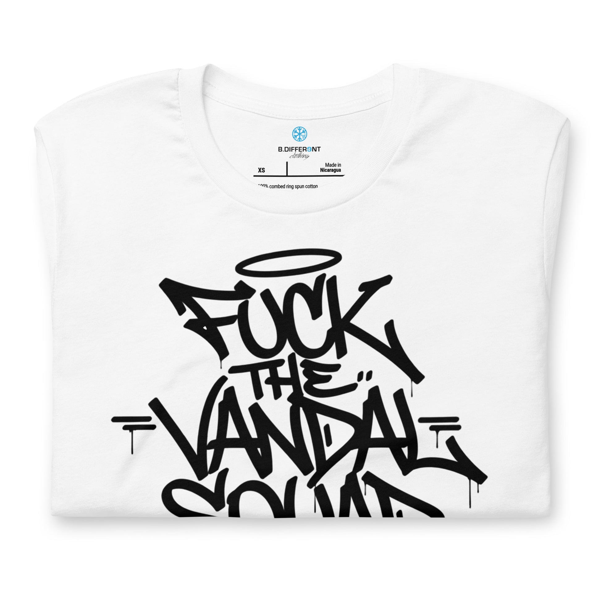 White-Fuck The Vandal Squad Graffiti Tee from B.Different Clothing, folded, graffiti-inspired streetwear t-shirt