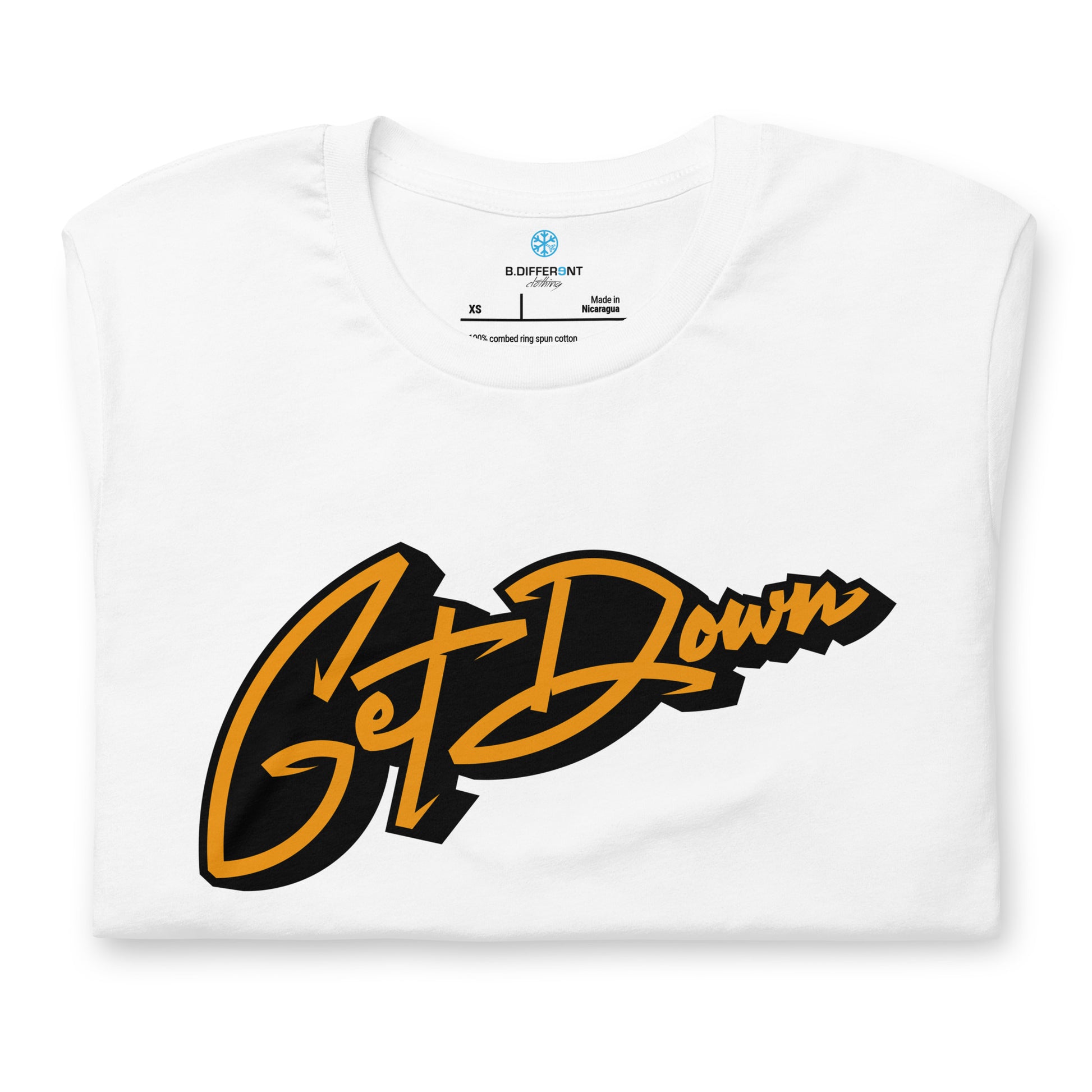 White-Get Down Graffiti Tag Tee from B.Different Clothing, folded, graffiti-inspired streetwear t-shirt