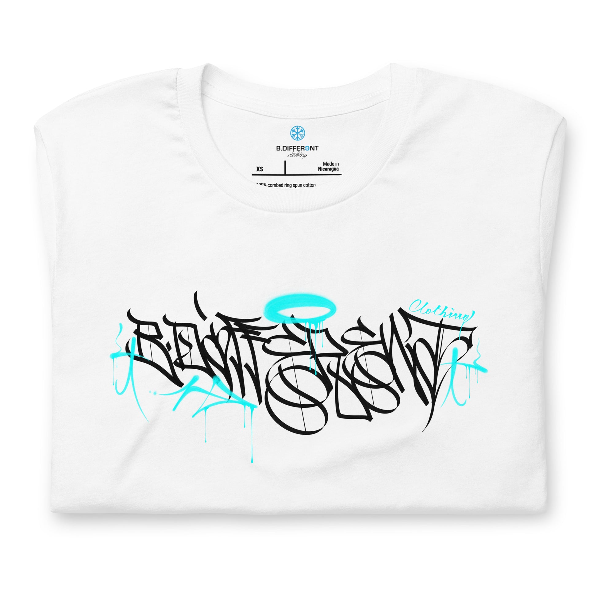 White-Caos One Collab Graffiti Tee from B.Different Clothing, folded, graffiti-inspired streetwear t-shirt