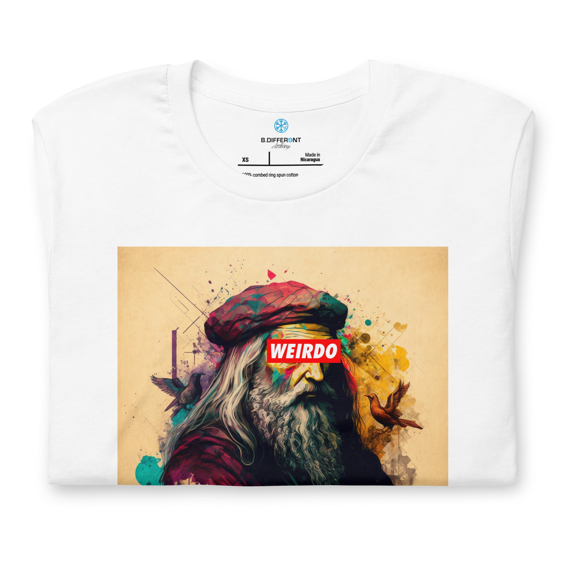 White-Leonardo da Vinci Tee from B.Different Clothing, folded, graffiti-inspired streetwear t-shirt