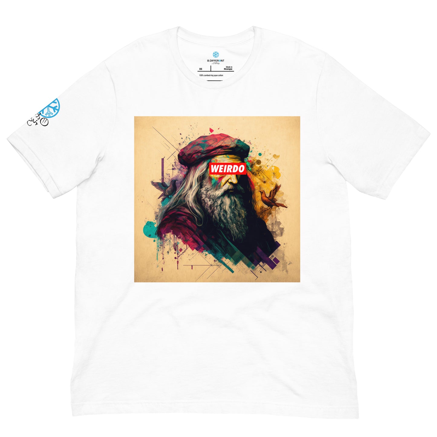 White-Leonardo da Vinci Tee from B.Different Clothing, front view, graffiti-inspired streetwear t-shirt