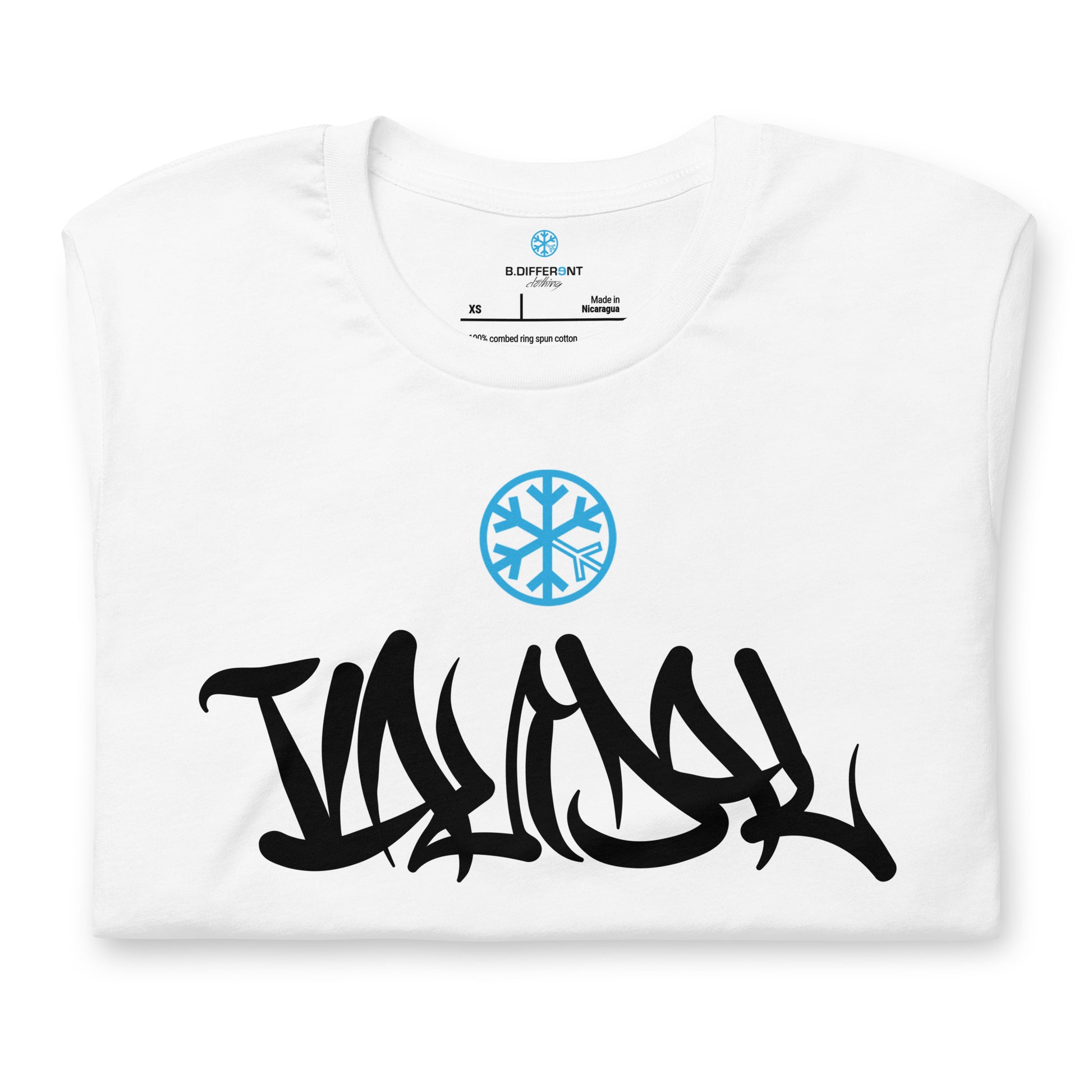 White-Vandal Graffiti Tag Tee from B.Different Clothing, folded, graffiti-inspired streetwear t-shirt