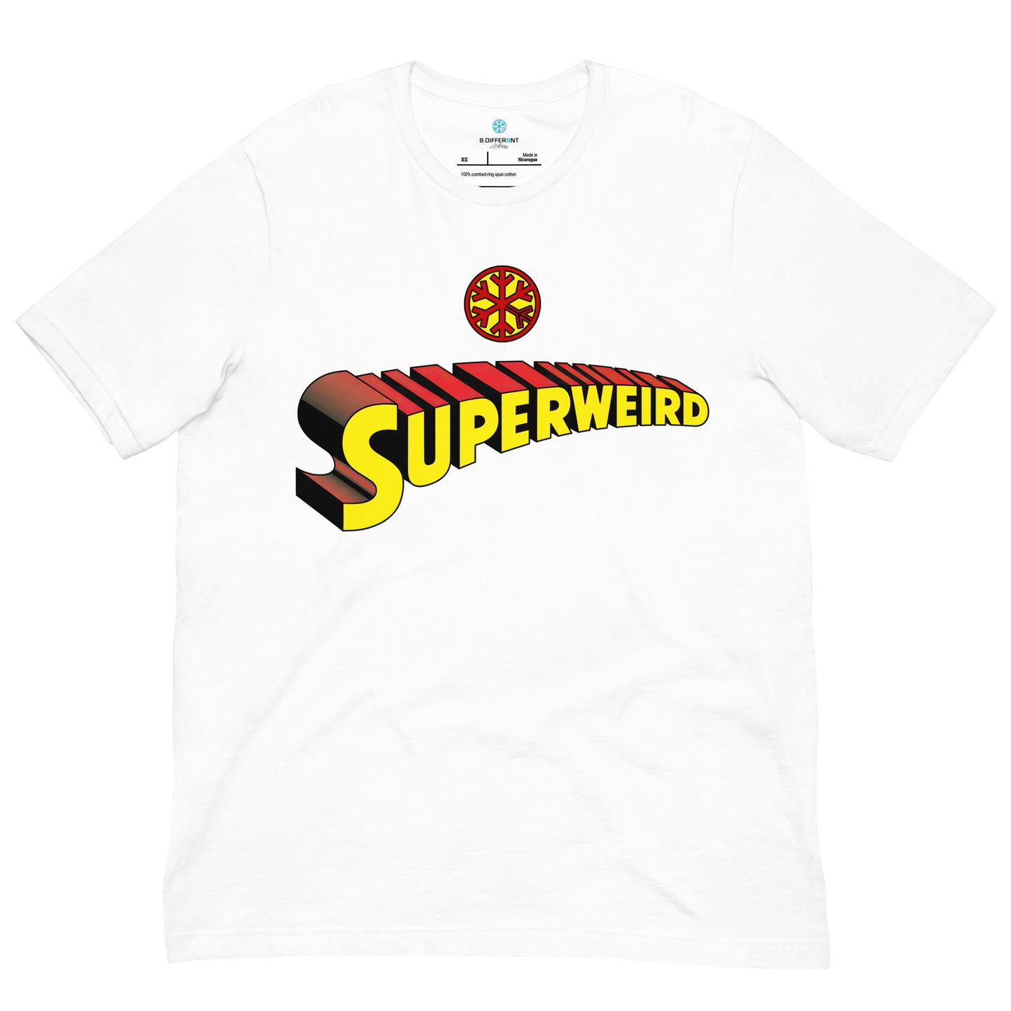 White-Superweird Tee from B.Different Clothing, front view, graffiti-inspired streetwear t-shirt
