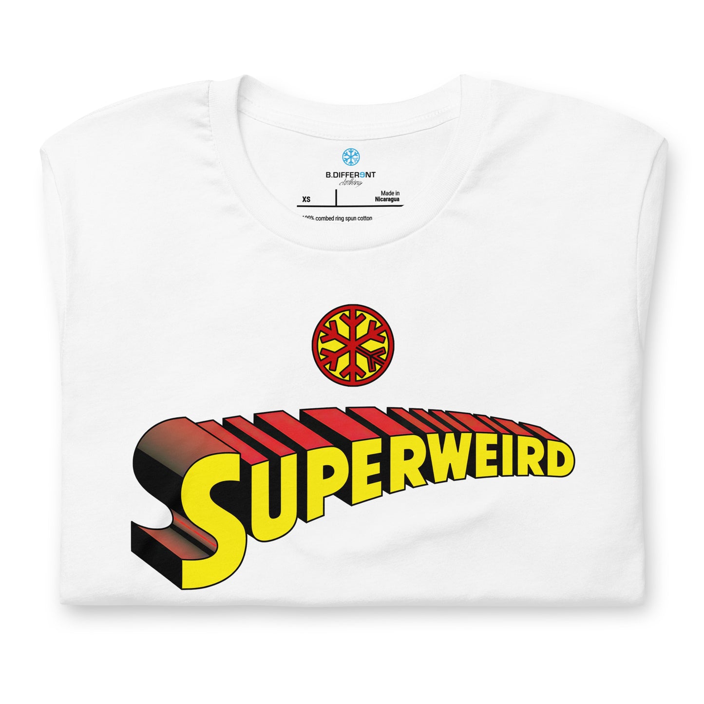 White-Superweird Tee from B.Different Clothing, folded, graffiti-inspired streetwear t-shirt