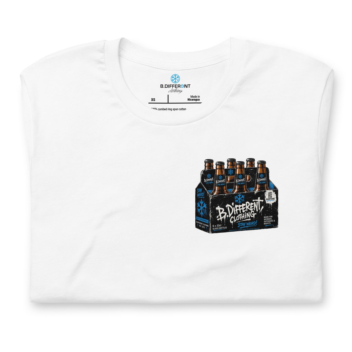 White-Six Pack Beer Graffiti Tee from B.Different Clothing, folded, graffiti-inspired streetwear
