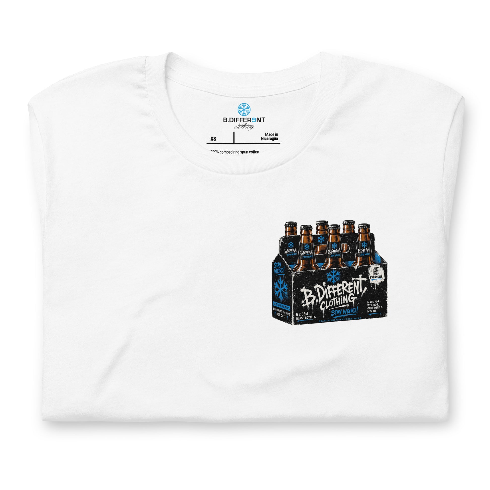 White-Six Pack Beer Graffiti Tee from B.Different Clothing, folded, graffiti-inspired streetwear