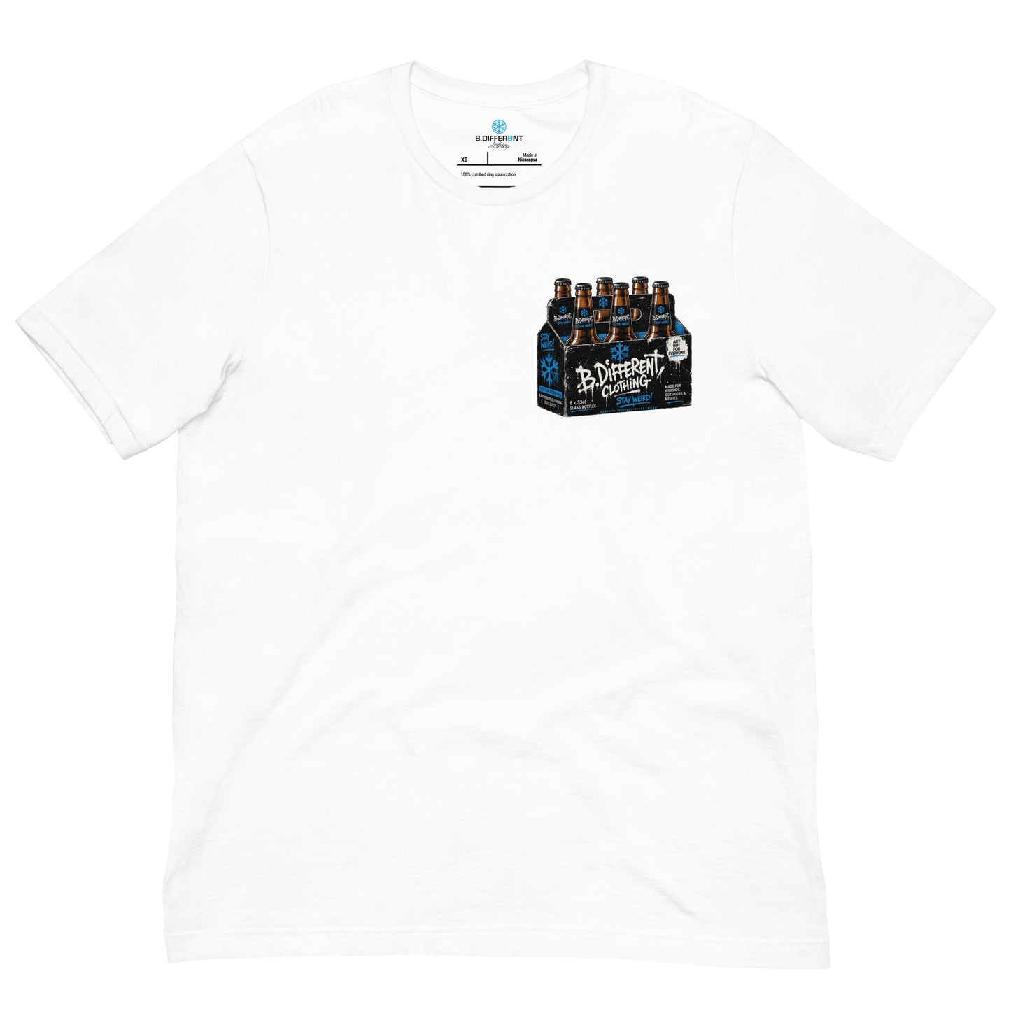 White-Six Pack Beer Graffiti Tee from B.Different Clothing, front graphic, graffiti-inspired streetwear