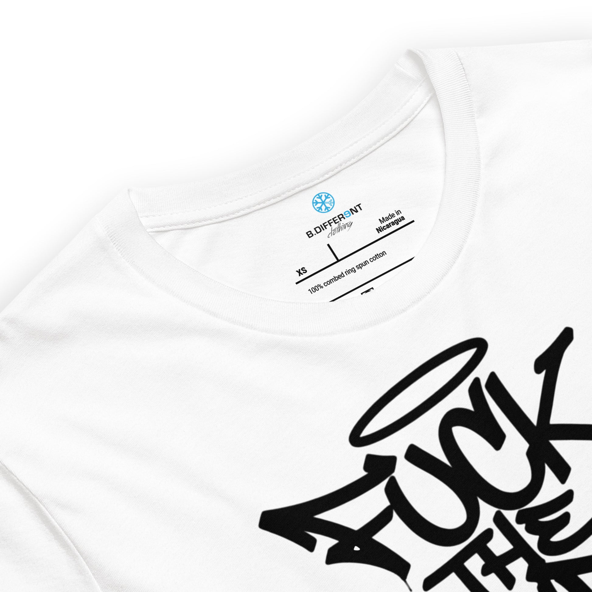White-Fuck The Vandal Squad Graffiti Tee from B.Different Clothing, collar, graffiti-inspired streetwear t-shirt