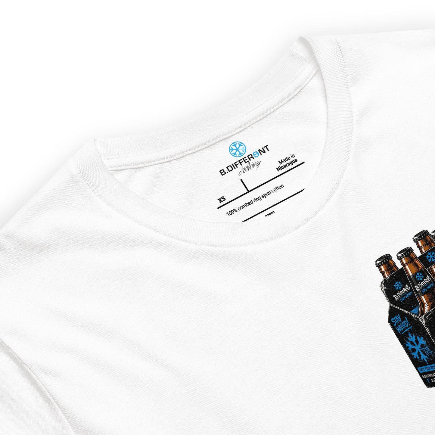 White-Six Pack Beer Graffiti Tee from B.Different Clothing, collar, graffiti-inspired streetwear