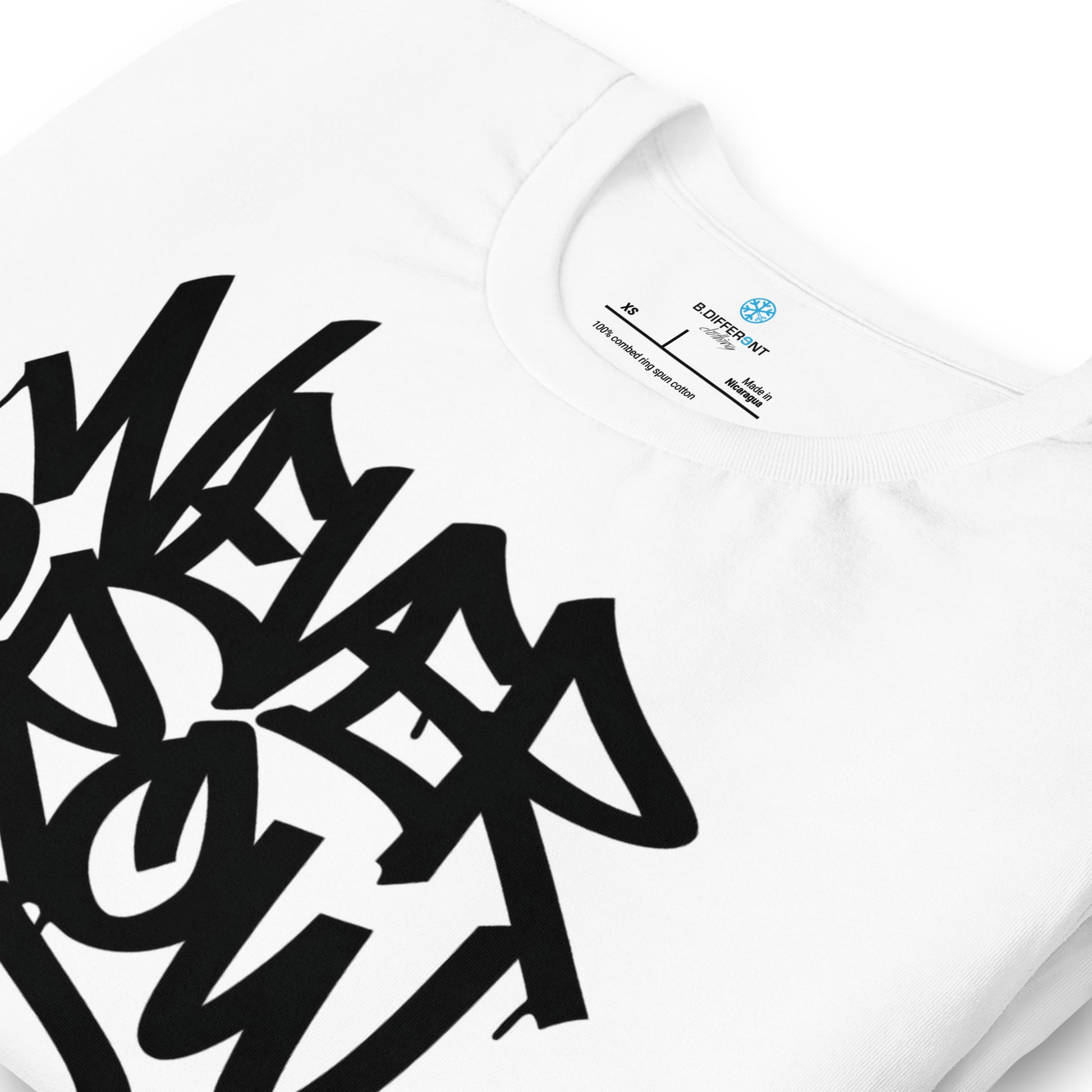 White-Never Grow Up Graffiti Tee from B.Different Clothing, detail, graffiti-inspired streetwear t-shirt