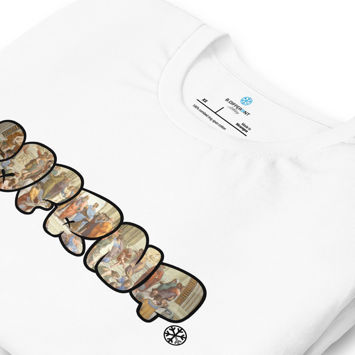 White-BDFRNT Throwie x School of Athens Graffiti Tee from B.Different Clothing, detail, graffiti-inspired streetwear t-shirt