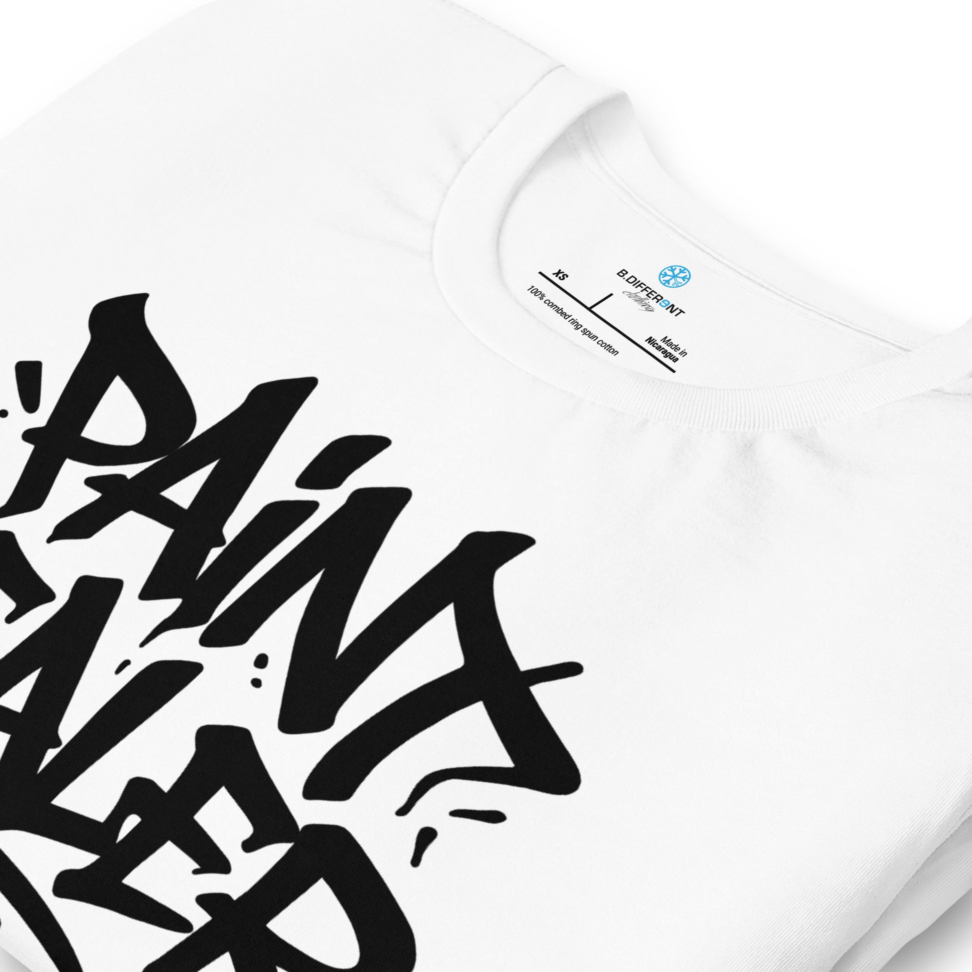 White-Paint Dealer Graffiti Tag Tee from B.Different Clothing, detail, graffiti-inspired streetwear t-shirt