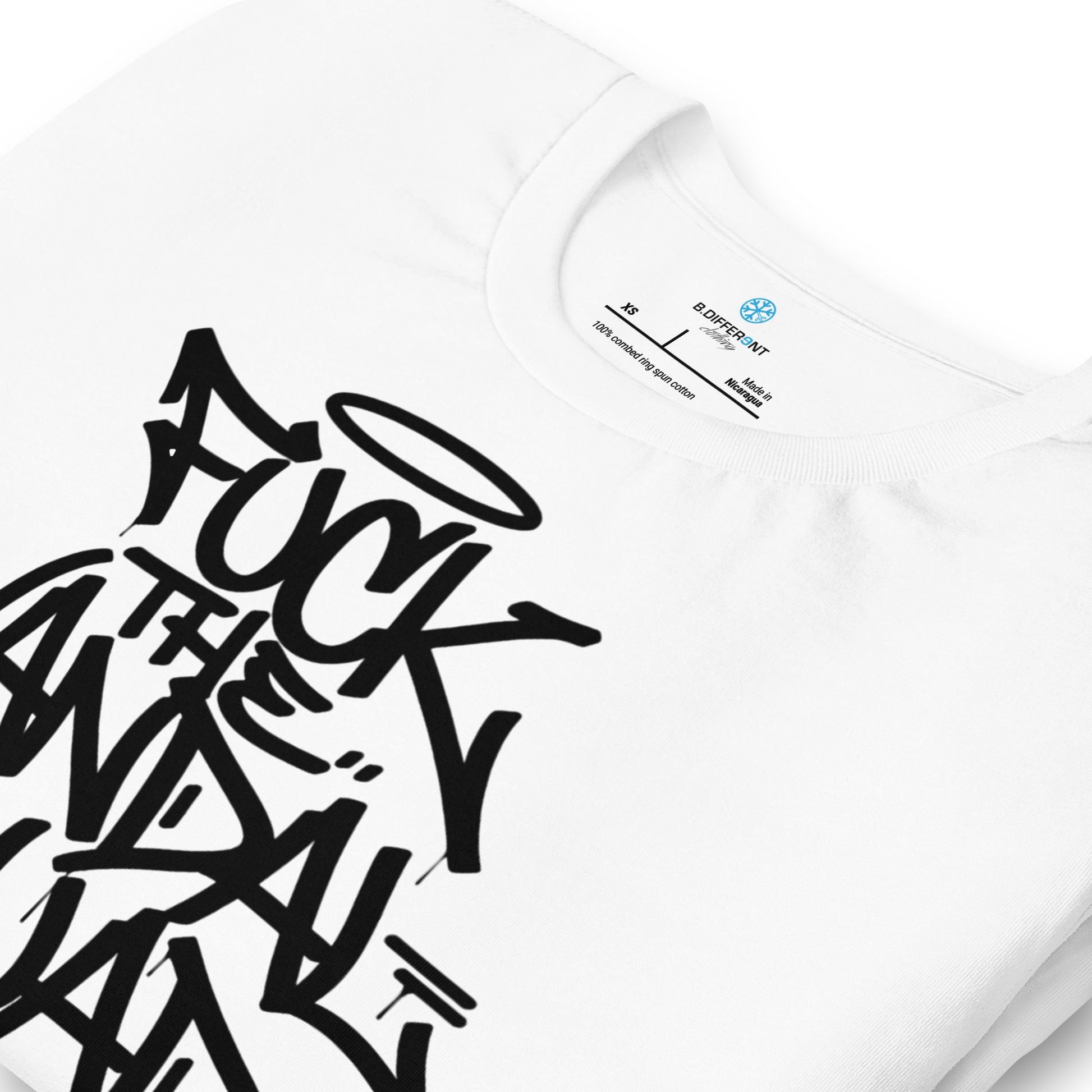 White-Fuck The Vandal Squad Graffiti Tee from B.Different Clothing, detail, graffiti-inspired streetwear t-shirt