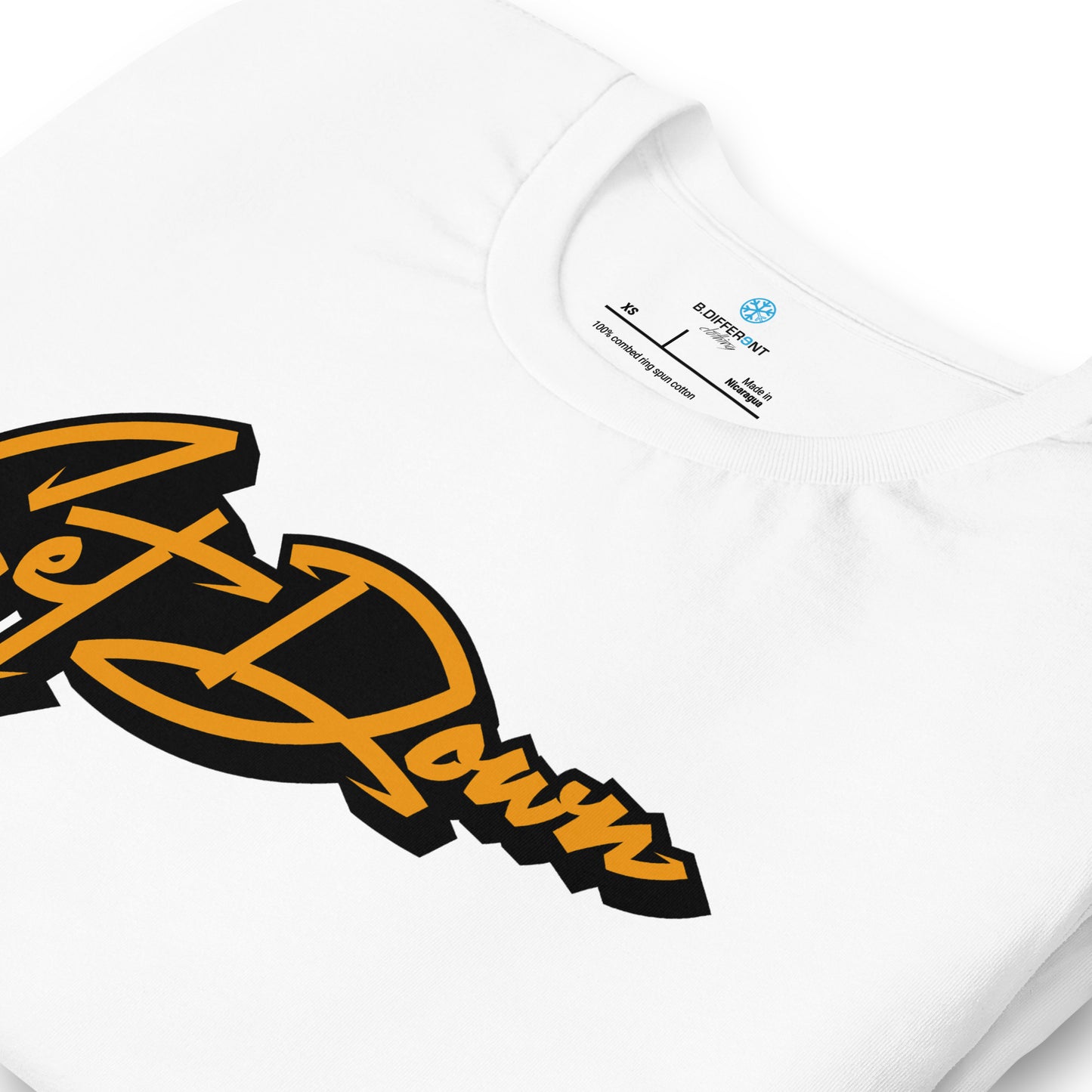 White-Get Down Graffiti Tag Tee from B.Different Clothing, detail, graffiti-inspired streetwear t-shirt