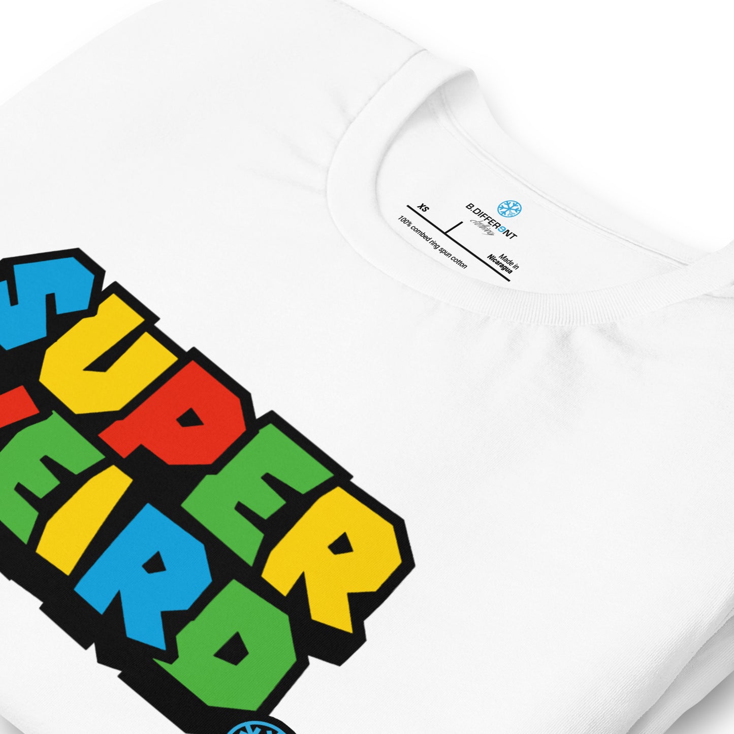 White-Super Weird Tee from B.Different Clothing, detail, graffiti-inspired streetwear t-shirt