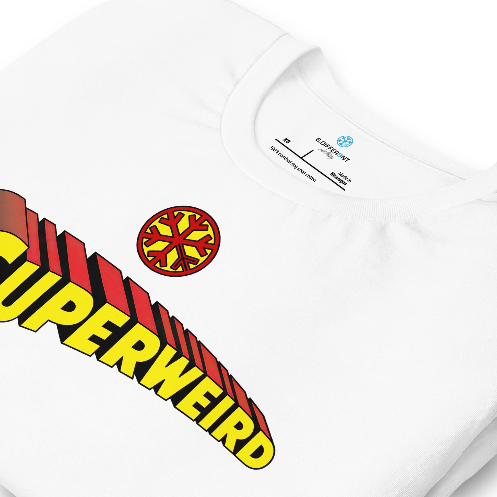 White-Superweird Tee from B.Different Clothing, detail, graffiti-inspired streetwear t-shirt