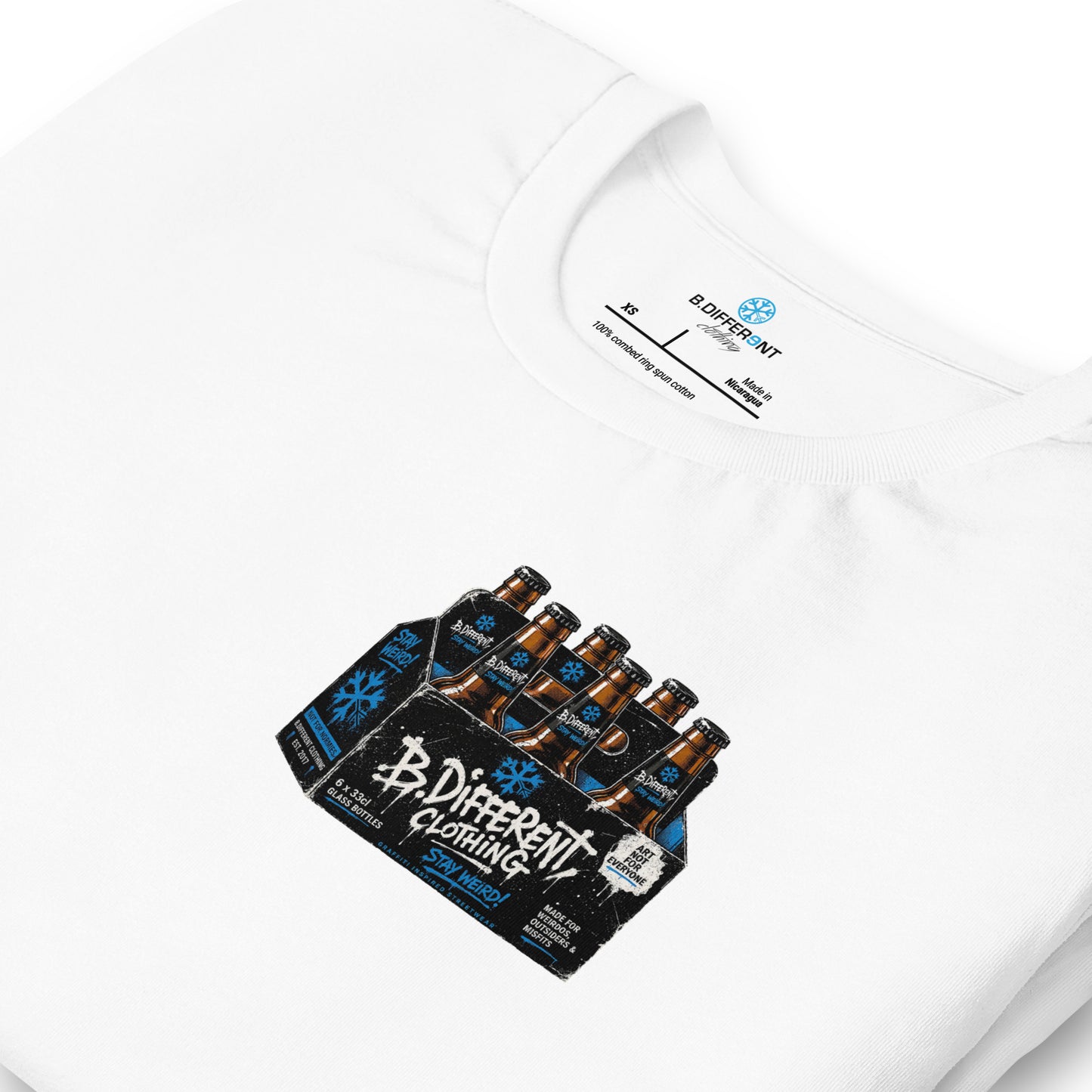 White-Six Pack Beer Graffiti Tee from B.Different Clothing, detail, graffiti-inspired streetwear