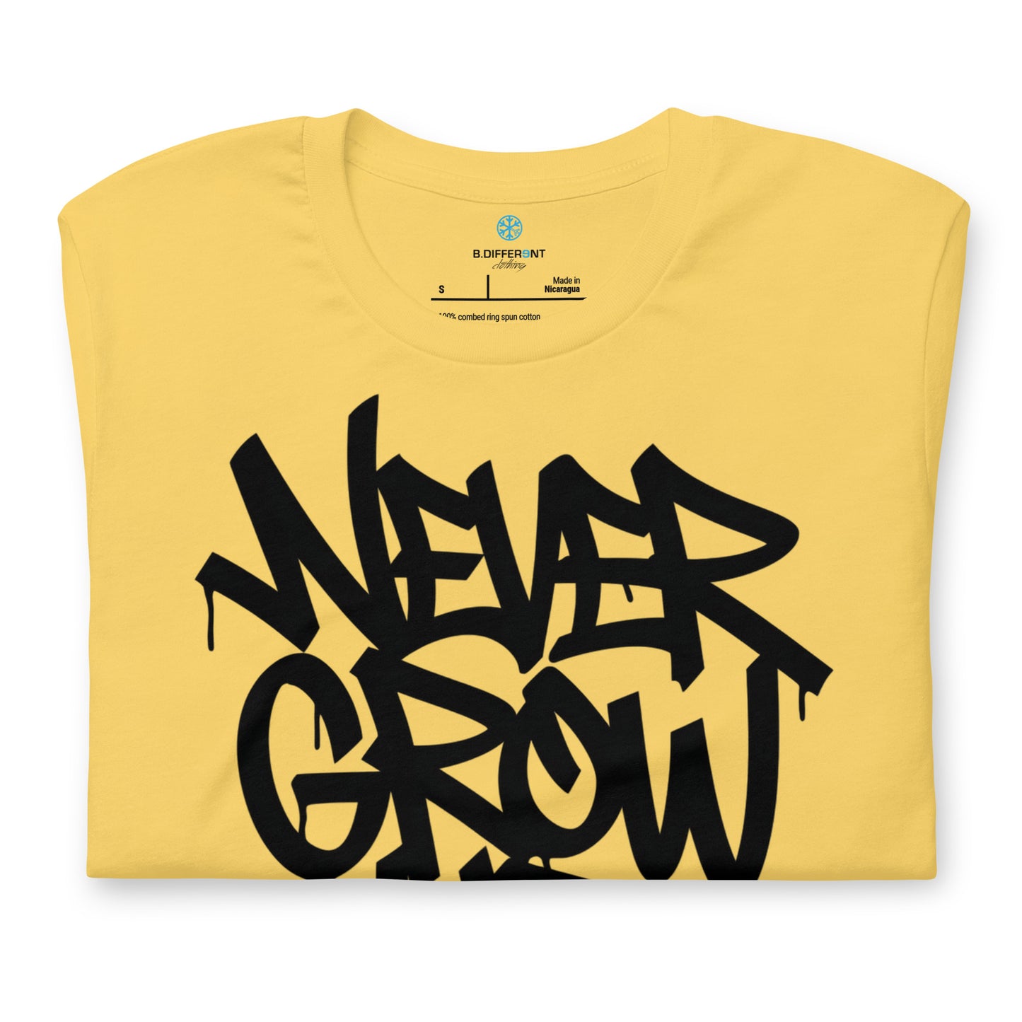 Yellow-Never Grow Up Graffiti Tee from B.Different Clothing, folded, graffiti-inspired streetwear t-shirt