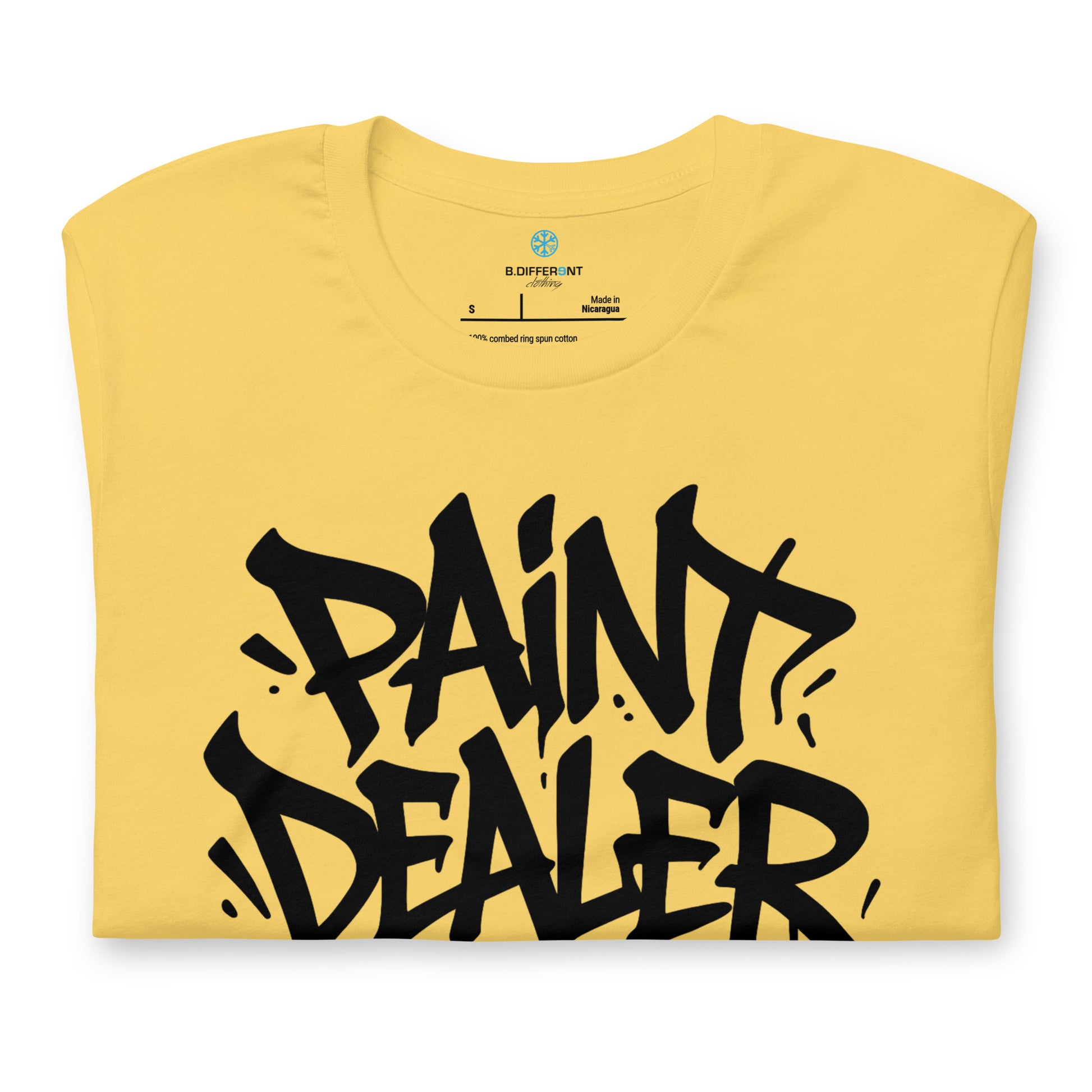 Yellow-Paint Dealer Graffiti Tag Tee from B.Different Clothing, folded, graffiti-inspired streetwear t-shirt