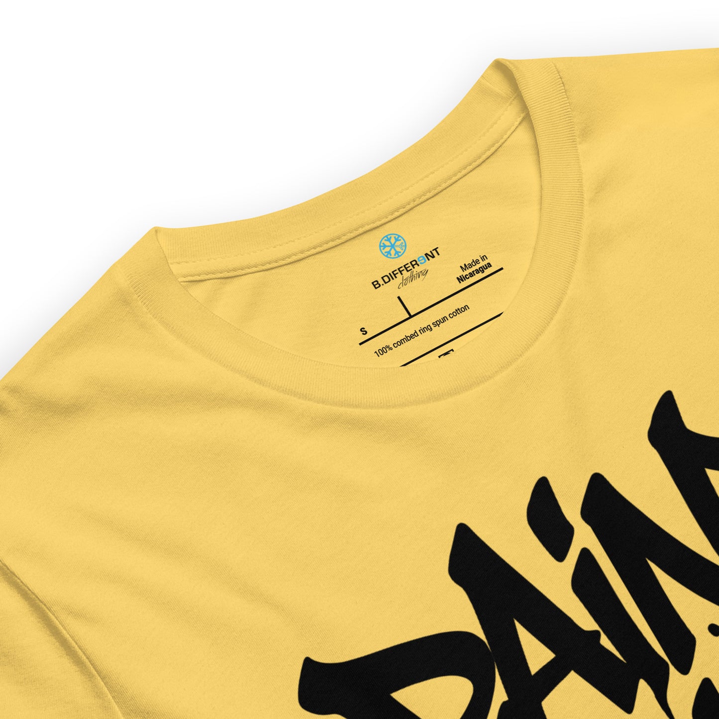 Yellow-Paint Dealer Graffiti Tag Tee from B.Different Clothing, collar, graffiti-inspired streetwear t-shirt