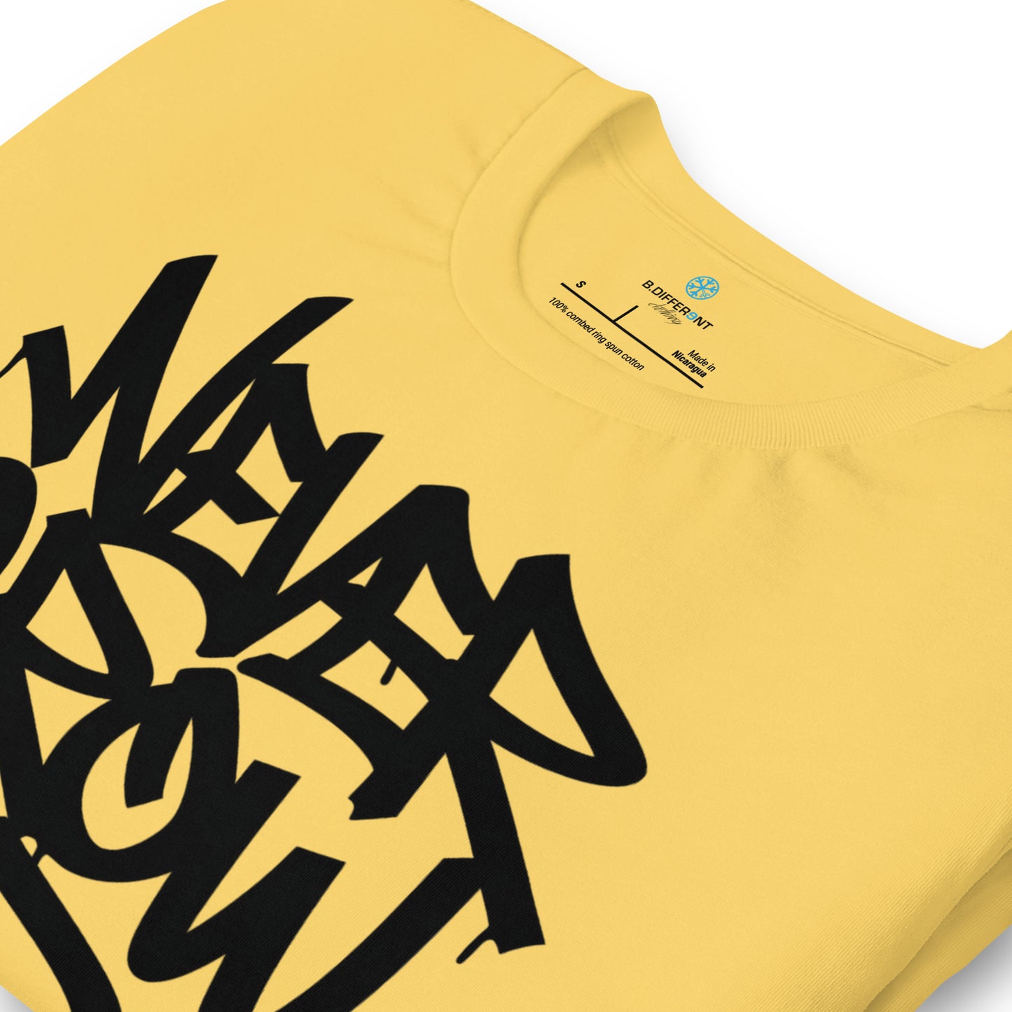 Yellow-Never Grow Up Graffiti Tee from B.Different Clothing, detail, graffiti-inspired streetwear t-shirt