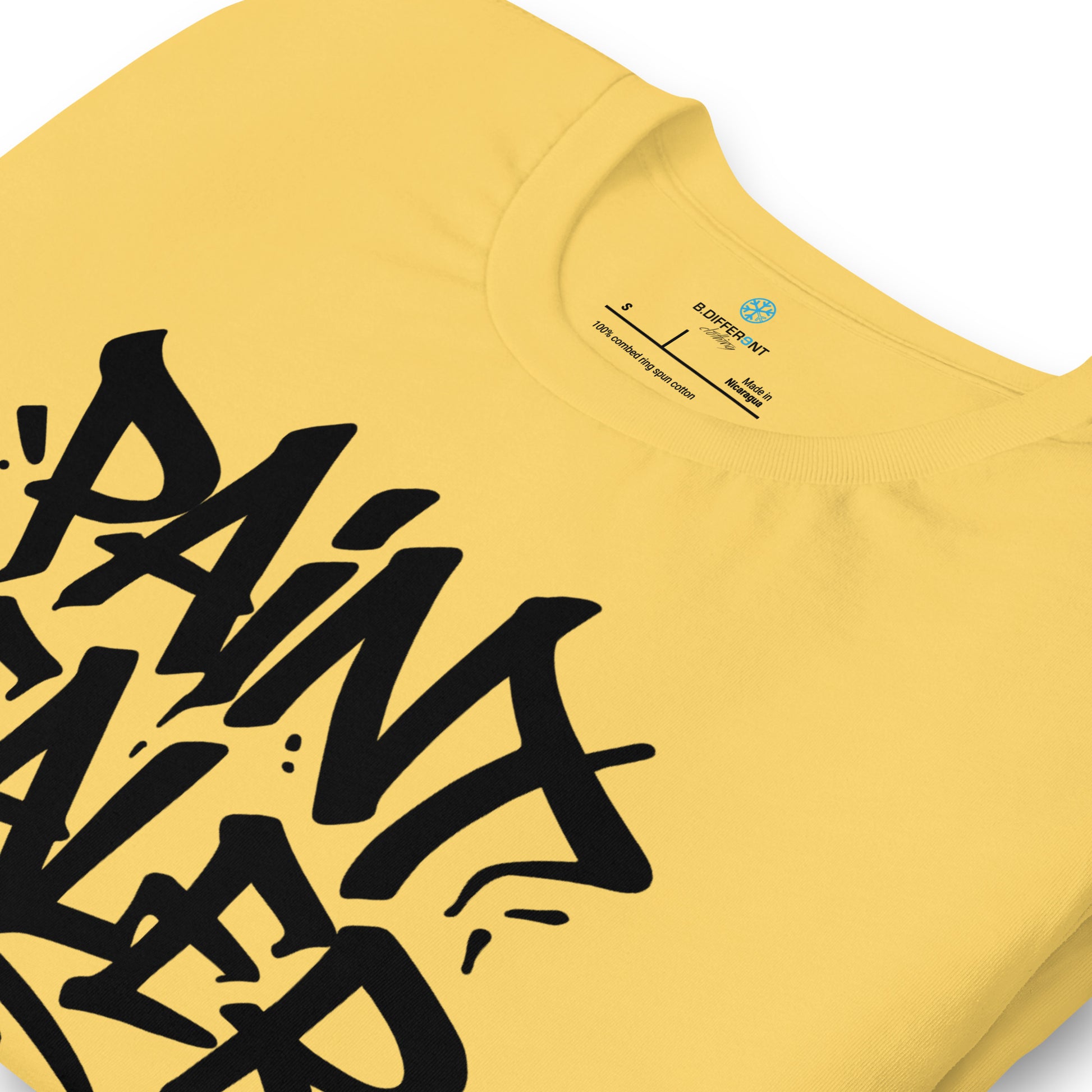 Yellow-Paint Dealer Graffiti Tag Tee from B.Different Clothing, detail, graffiti-inspired streetwear t-shirt