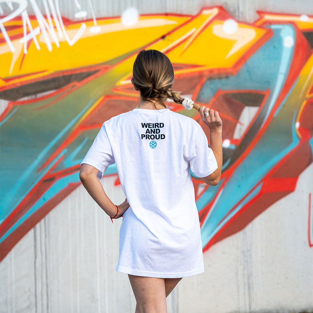 woman wearing #Weirdo Tee by B.Different Clothin street art graffiti inspired brand for weirdos, outsiders, and misfits.